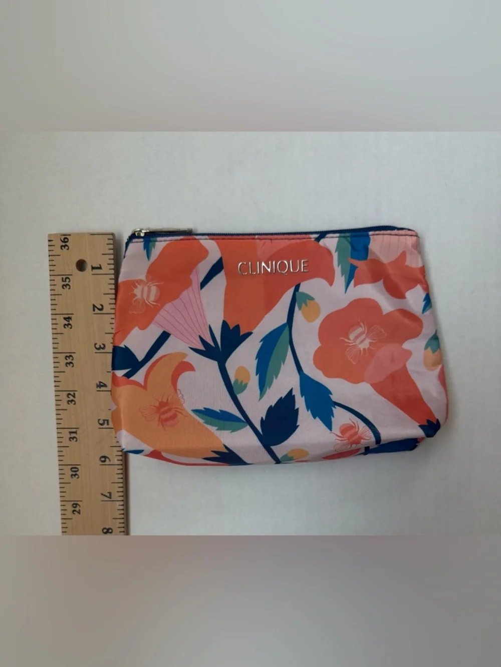 Clinique Zip Top Cosmetic Bag Floral Orange Pink Blue Print
